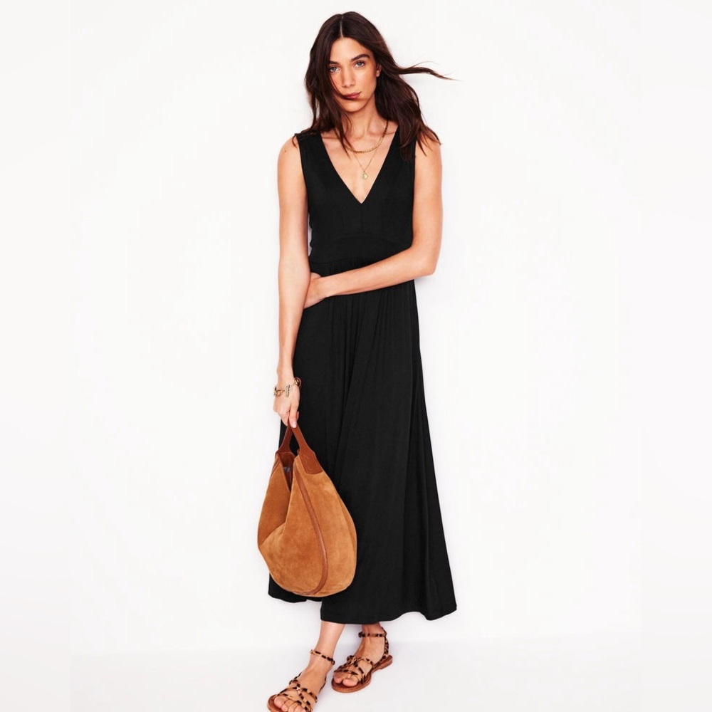 Boden Olympia Jersey Maxi Dress Black Sleeveless Empire Waist | US 6P